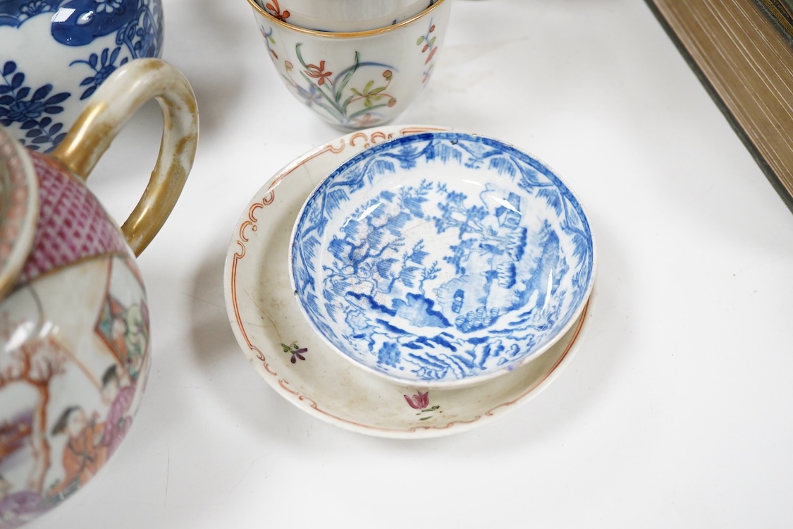 A group of 18th century Chinese export porcelain tea and coffee ware, including Mandarin pattern teapot and cover, two coffee cups and saucers, a blue and white teapot and cover various famille rose coffee cups, etc.
